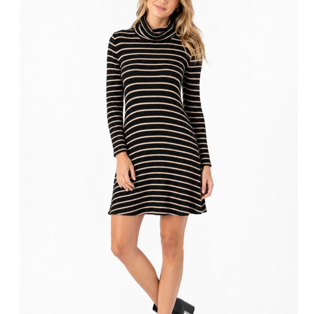 American Eagle Soft & Sexy Striped Ribbed Sweater Dress Black Tan Size M